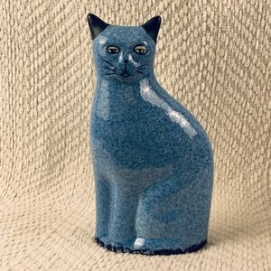 Calico China Cat Figurine Blue Spongeware Ceramic Tall Feline Statue Vintage